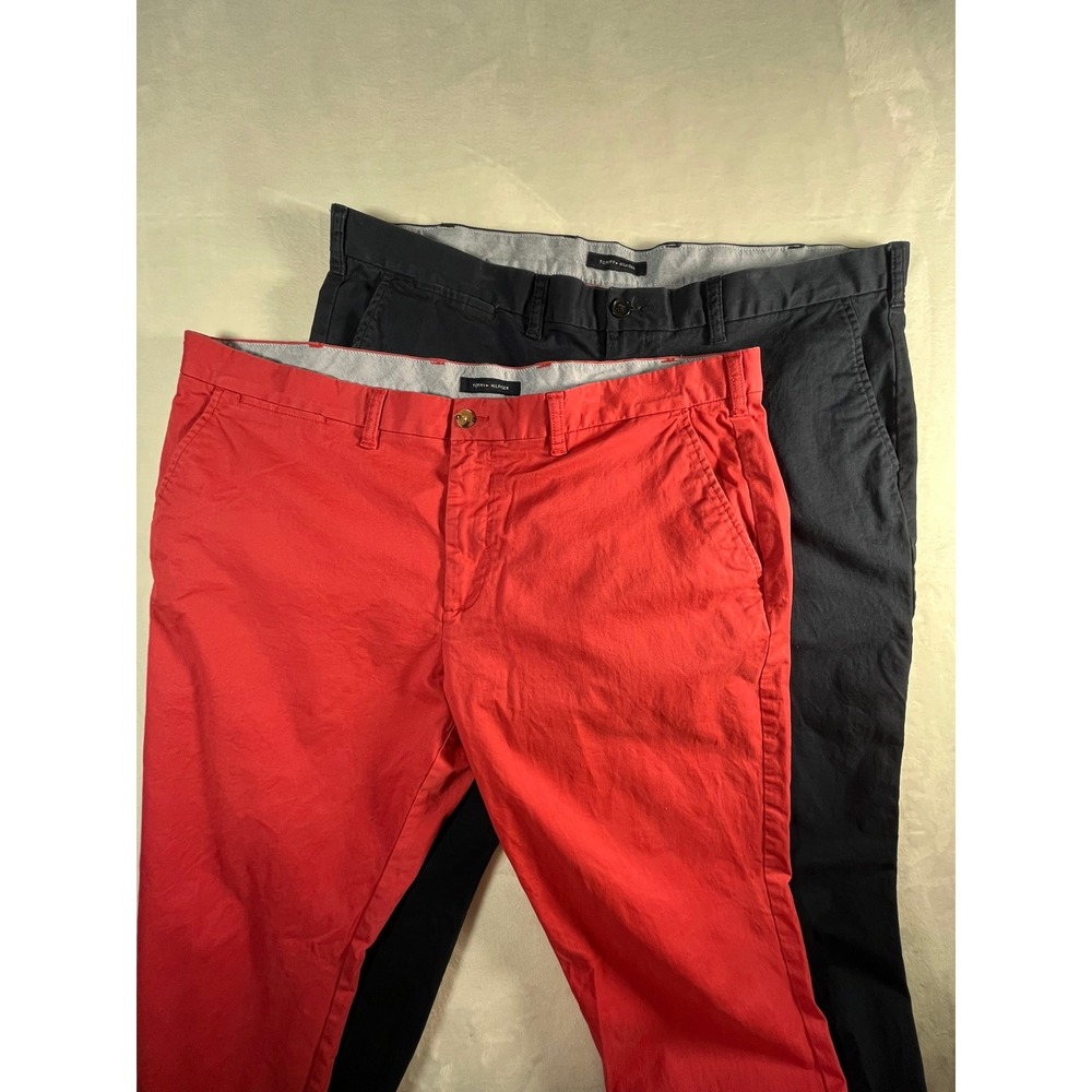 Lot of 2 Tommy Hilfiger Mens 42x30 Chino Pants Navy Blue Red Straight Leg